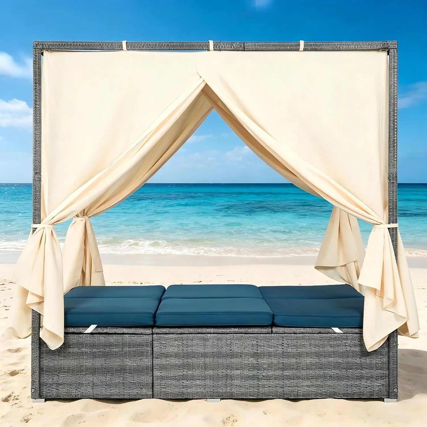 Patio Chaise Lounge, PE Rattan Outdoor Patio Wicker Sunbed Daybed with Adjustable Seats, Four-sided Canopy,, Customized