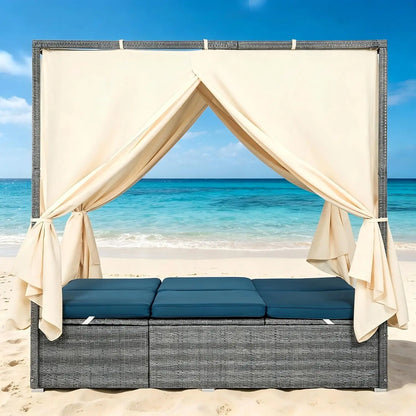 Patio Chaise Lounge, PE Rattan Outdoor Patio Wicker Sunbed Daybed with Adjustable Seats, Four-sided Canopy,, Customized