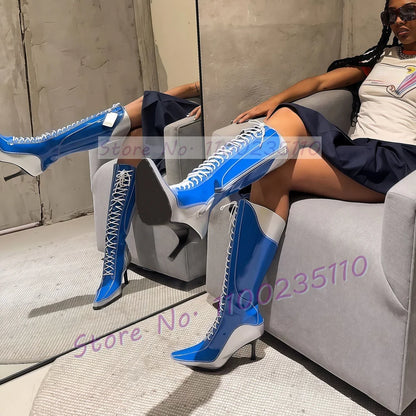 Blue Patent Leather Knee High Boots Women Stylish Pointy Toe Cross Tied High Heels Dress Shoes Ladies Hollow Out Cool Tall Boots