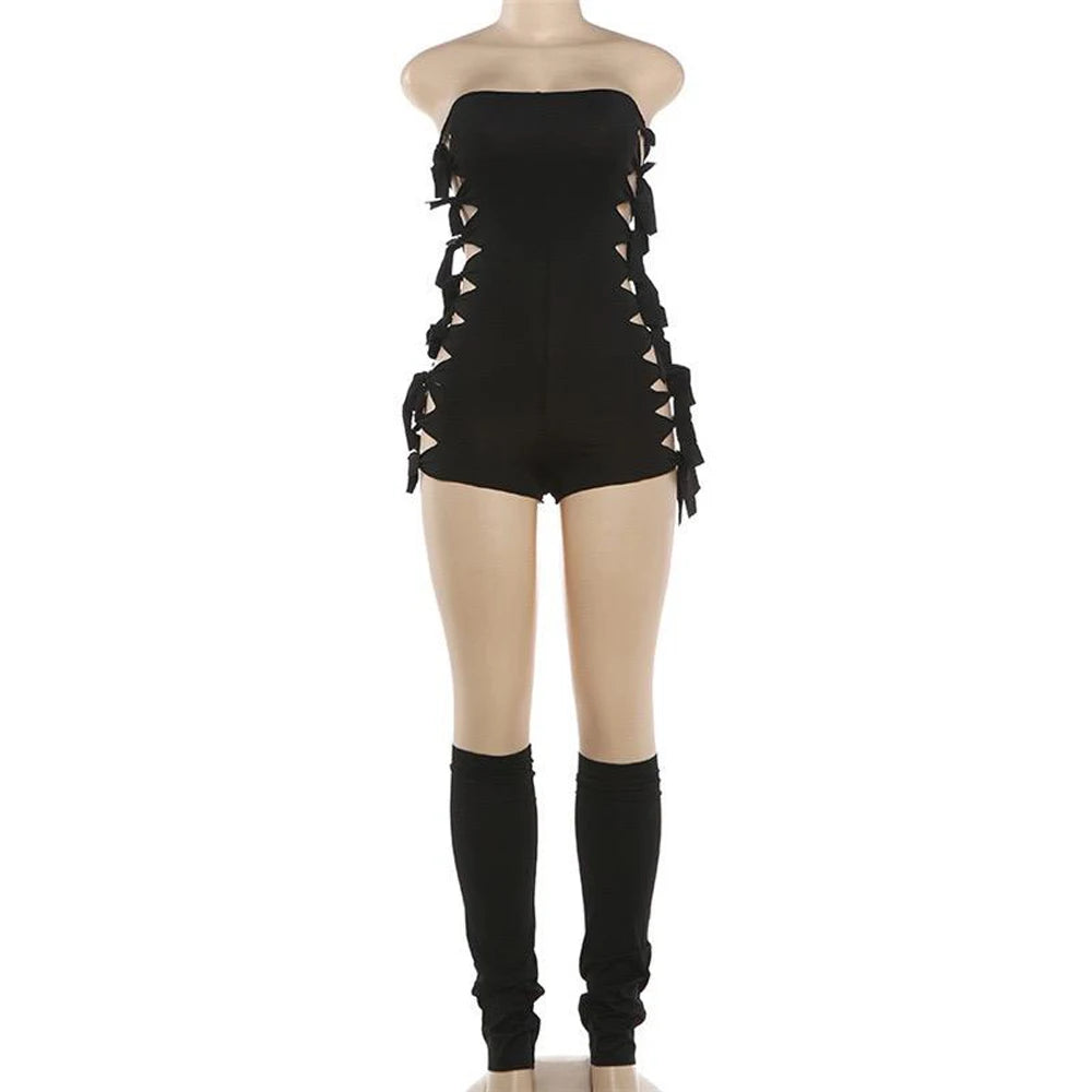 New Summer Sexy Stretchy Hollow Out Slim Strapless Tube Romper Women One Piece Playsuit Short Jumpsuit with Leg Cover Playsuit