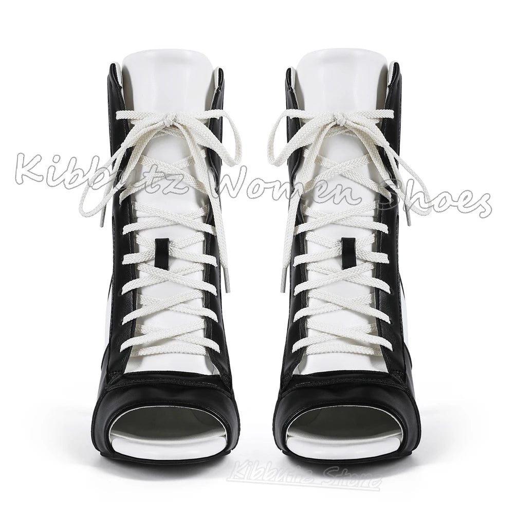 Ankle Sandal Boots Sneaker Patchwork Lace-Up Leather Open Toe Thin Heels Women Shoes Fashion Luxury Elegant Concise Sexy Newest