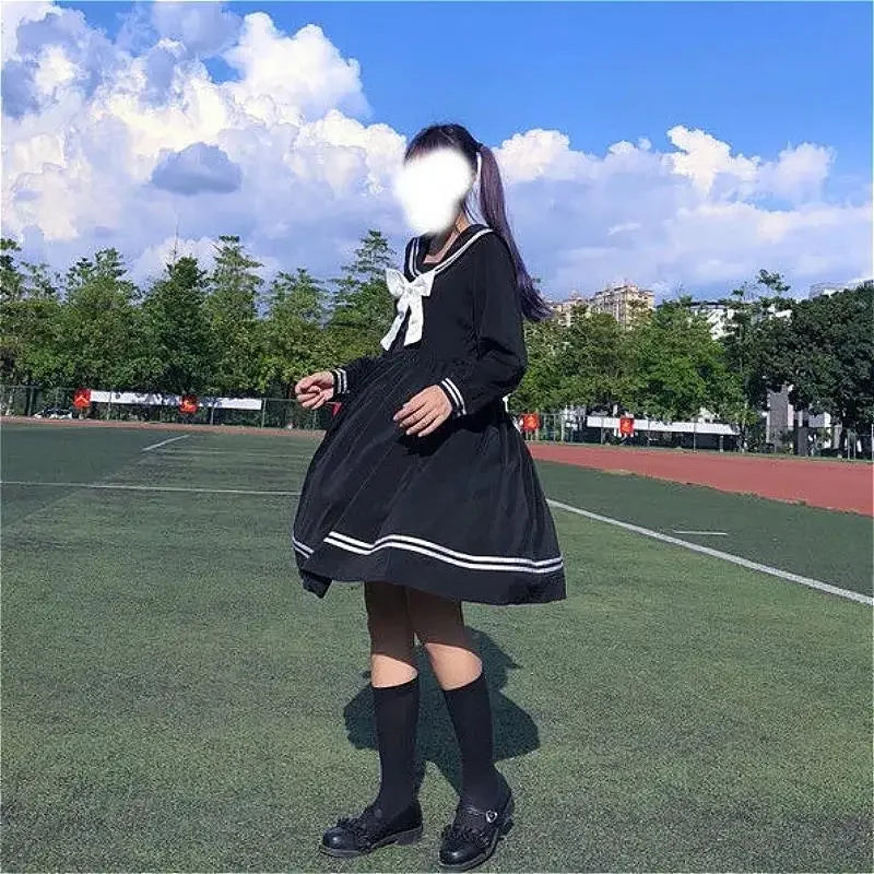 Bow splicing loose A-line fashionable knee length cute empire preparatory style Japanese full set black school uniform