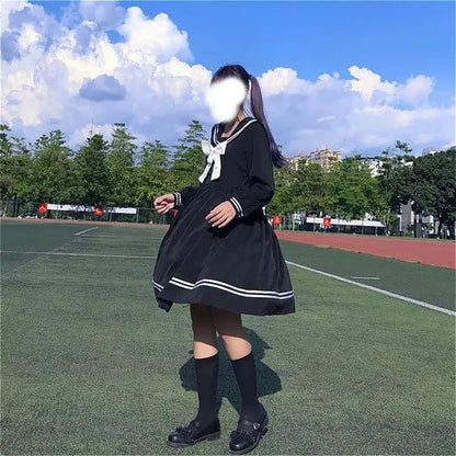 Bow splicing loose A-line fashionable knee length cute empire preparatory style Japanese full set black school uniform
