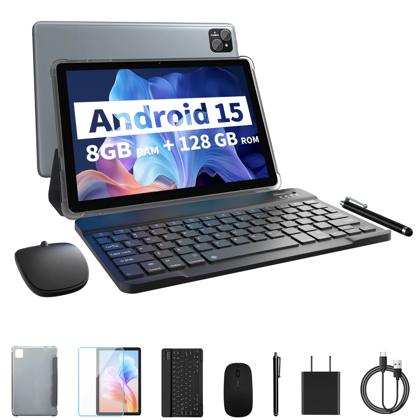 PRITOM TAB11 Android 15 Tablet 10 Inch, 16GB(4+12 Expand) RAM + 128GB ROM, Octa Core, 5G WiFi, with Keyboard, Mouse, Case