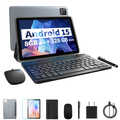 PRITOM TAB11 Android 15 Tablet 10 Inch, 16GB(4+12 Expand) RAM + 128GB ROM, Octa Core, 5G WiFi, with Keyboard, Mouse, Case
