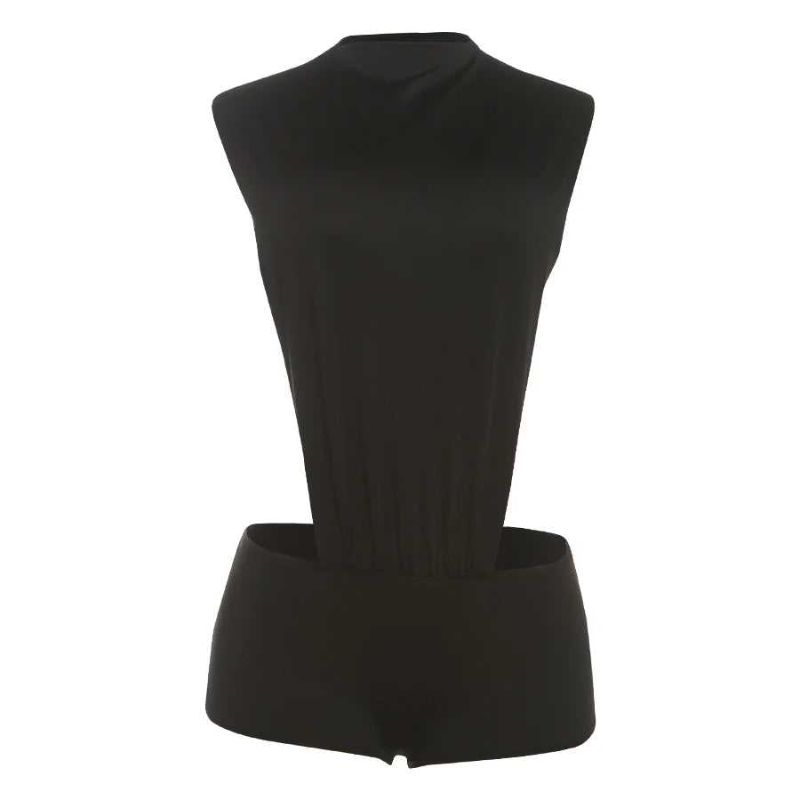 Weird Puss Coquette Women Playsuit Sleeveless Hipster Sexy Ruched Shoulder Side Split Solid Stretch Midnight Clubwear Romper