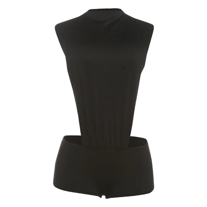 Weird Puss Coquette Women Playsuit Sleeveless Hipster Sexy Ruched Shoulder Side Split Solid Stretch Midnight Clubwear Romper