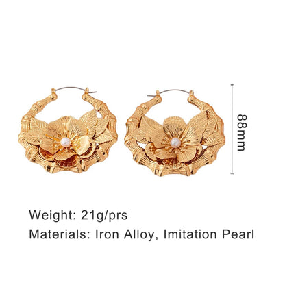 Large Metal Clip On Hoop Earrings Flower Imitation Pearl Fashion Jewelry For Women Holiday Accessories Trendy Style Gifts MQF138