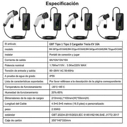 WUFEN Portable Type 2 Charger 110V US NEMA 5-15P Plug Max 3.5kw Type2 EV Charger 16A 1Phase Charging Plug For IEC 62196 Vehicle