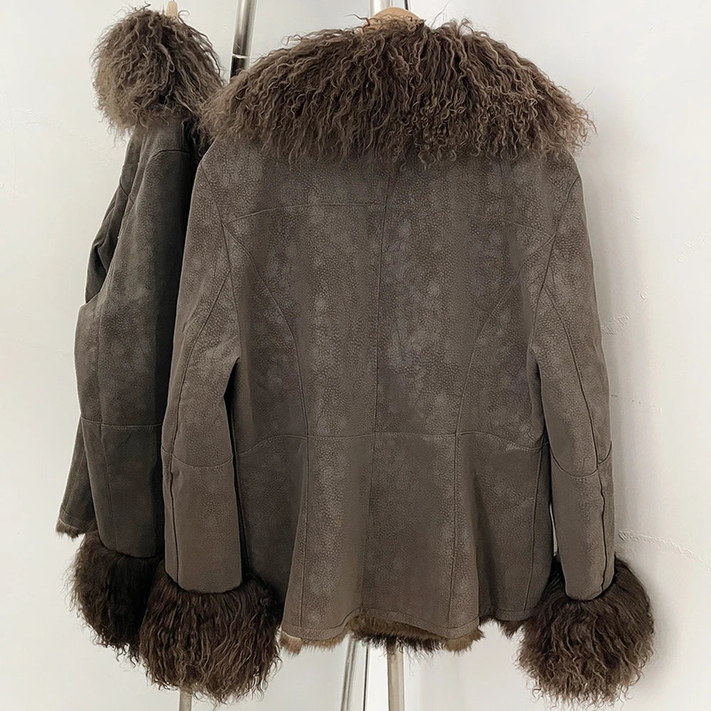 OFTBUY New Winter Warm Curly Mongolia Sheep Fur Jacket Women Vintage Shearling Coat Slim Faux Suede Real Rabbit Fur Clothing