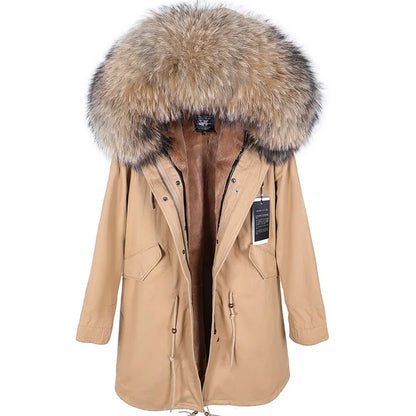 Maomaokong 2026 New Natural Fur Lining Real Fur Coat Winter Jacket Women Raccoon Fur Collar Warm Thick Parkas Female Clothing