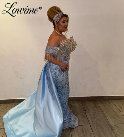 Two Pieces Blue Tassels Beading Crystals Long Overskirt Prom Dresses Arabic Women's Formal Off Shoulder Evening Gown Customized