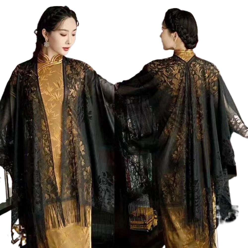 Ethnic Style Chinese Dress Shawl Elegant Design Versatile Use Long Fringed Scarf Warm Material Fringed Edge Velvet Scarf
