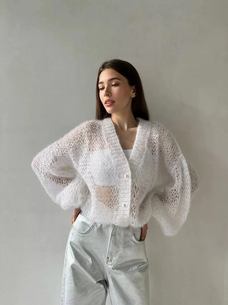 Women Knitting Cardigan 2026 New Women Mohair Knit Cardigan Hollow Out Sheer Long Sleeve Casual Knitted Outerwear Sweater