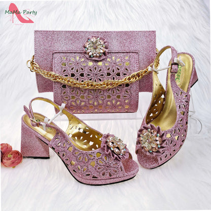 Mature Style Women Shoes and Bags Set 2023 Spring New Design Rose Gold Color Italian Sandals with Shinning Crystal for Party