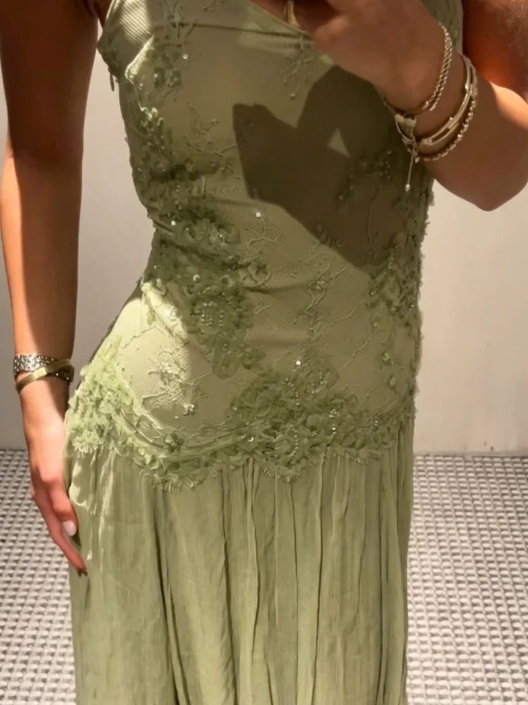 Women's Lace Spliced Dress Sage Green Floral Embroidery Spaghetti Strap Flowy Long Dress Elegant Bohemian Summer Party Dress