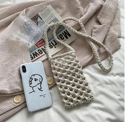 Hollow-out Woven Crochet Small Crossbody Phone Bag Women Fashion Solid Color Lightweight Braided Shoulder Handbag Crossbody Bags