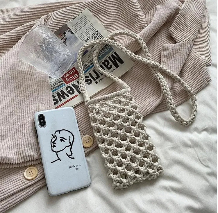 Hollow-out Woven Crochet Small Crossbody Phone Bag Women Fashion Solid Color Lightweight Braided Shoulder Handbag Crossbody Bags