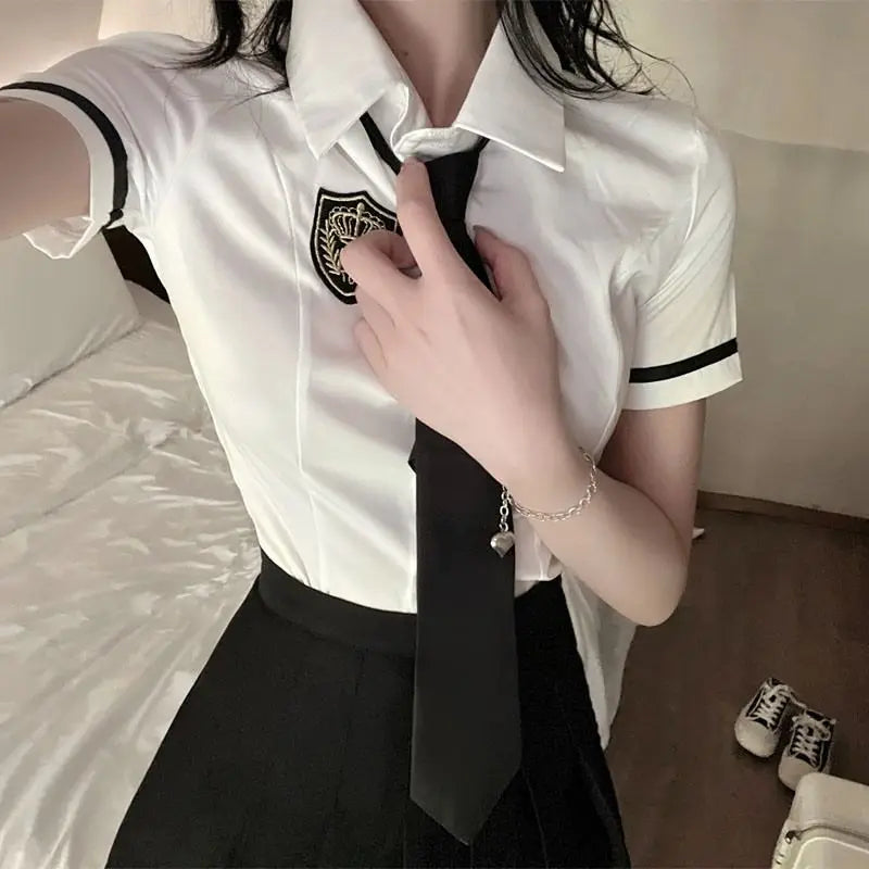 2025 improved daily jk uniform summer new white short/long sleeve shirt + pleated skirt jk uniform two-piece set for women w237