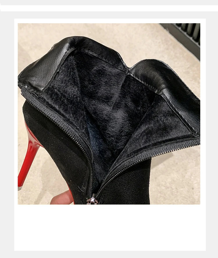Aphixta 10cm Stilettos Winter Red Heels Zip Warm Black Ankle Boots Women Flock Footwear Shoes Women Super Big Size 47 48 49 50