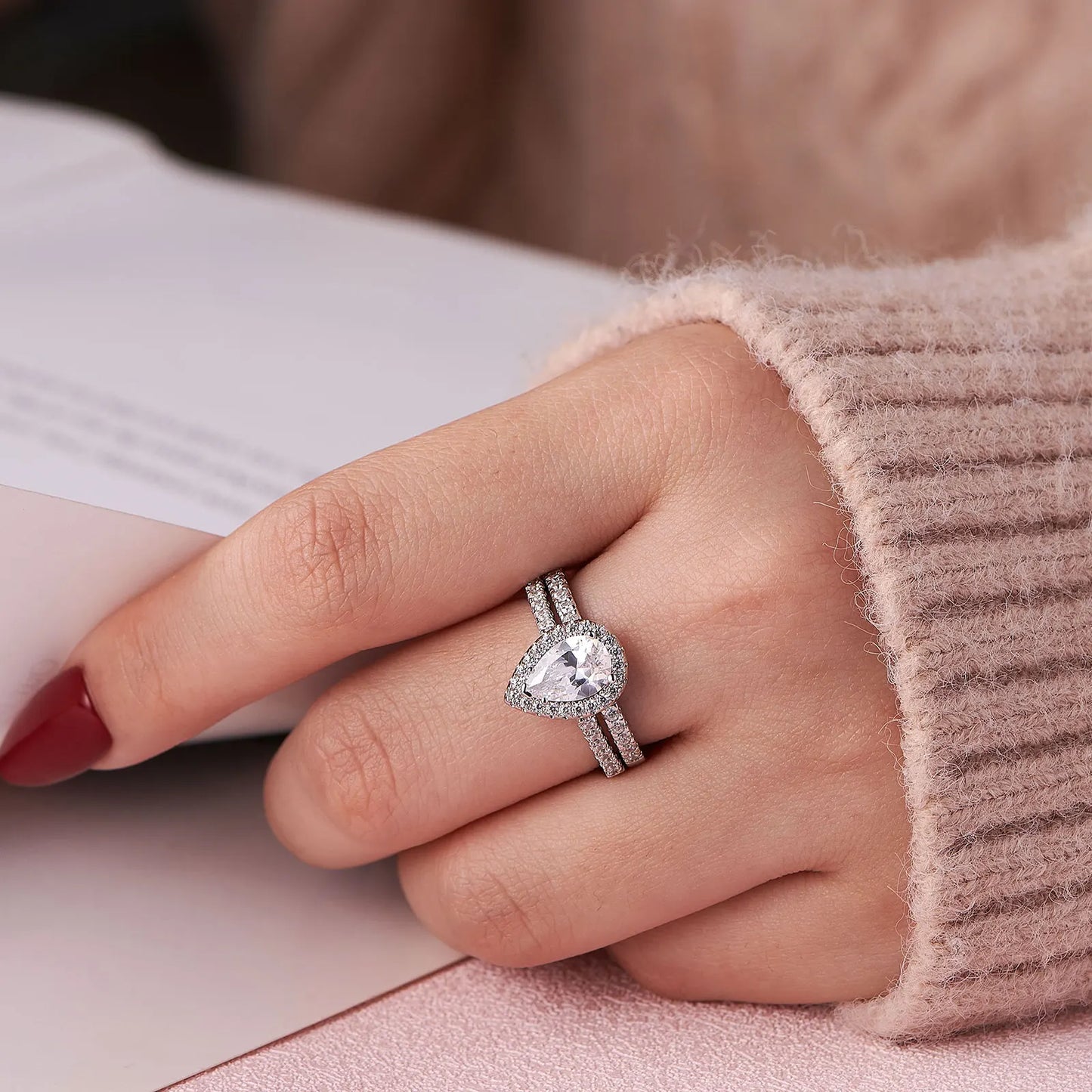 Newshe 2 Pieces Certified Full Moissanite Pear Wedding Ring Sets for Women Solid 925 Sterling Silver Bridal Luxury Jewelry
