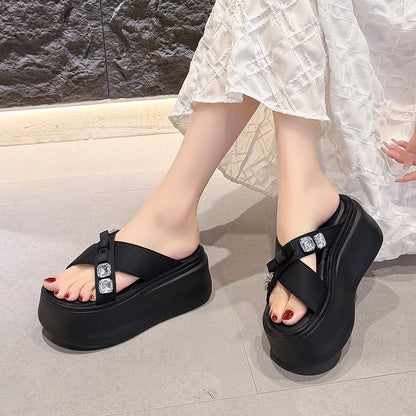 Summer Women's Luxury Rhinestone Bow Platform Wedge Slides Sandals Height Increasing Cross Open Toe Casual Beach Slippers Shoes