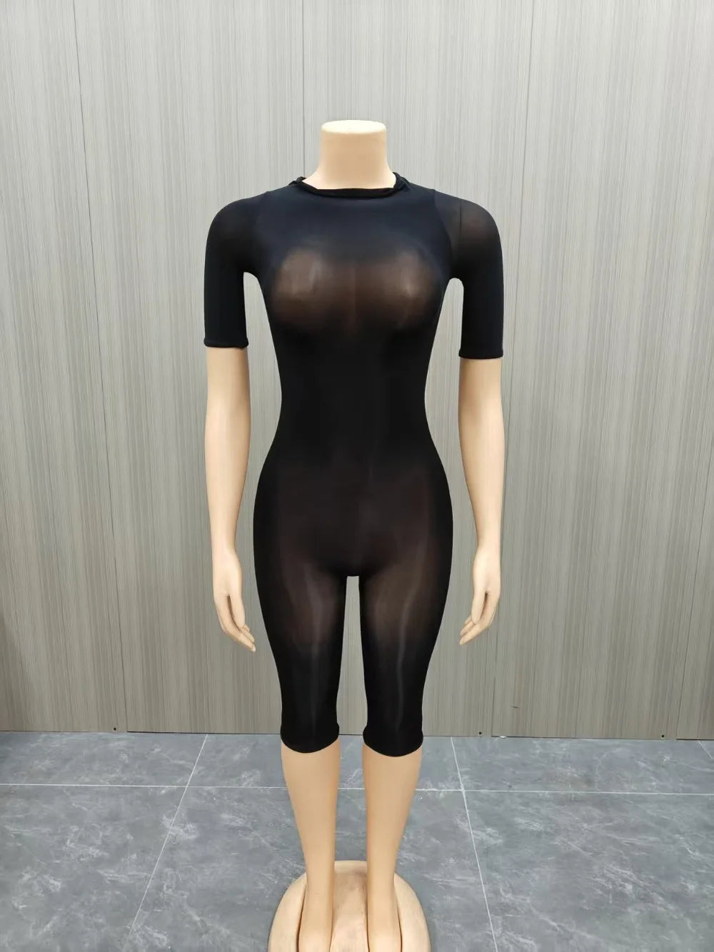 FLARORA Sexy Mesh See Through Rompers Woman Trend O Neck Short Sleeve Skinny Peach Hip Playsuits Stretch Midnight Party Clubwear