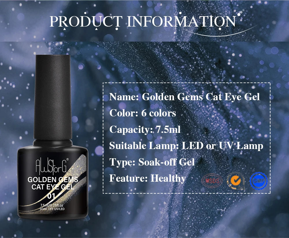 7.5ml Golden Light  Magnetic Gel Golden Gems Magnetic Gel Nail Polish Cat Nail Sparkling Glitter Semi Permanent Varnish
