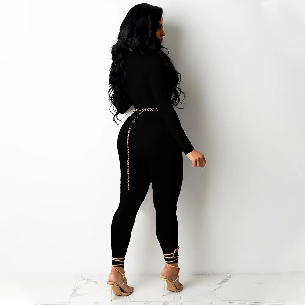 CM.YAYA Women Hollow Out Cross Sexy Party Clubwear Long Sleeve Jumpsuits 2024 Winter Autumn Street Crop One Piece Suit Rompers