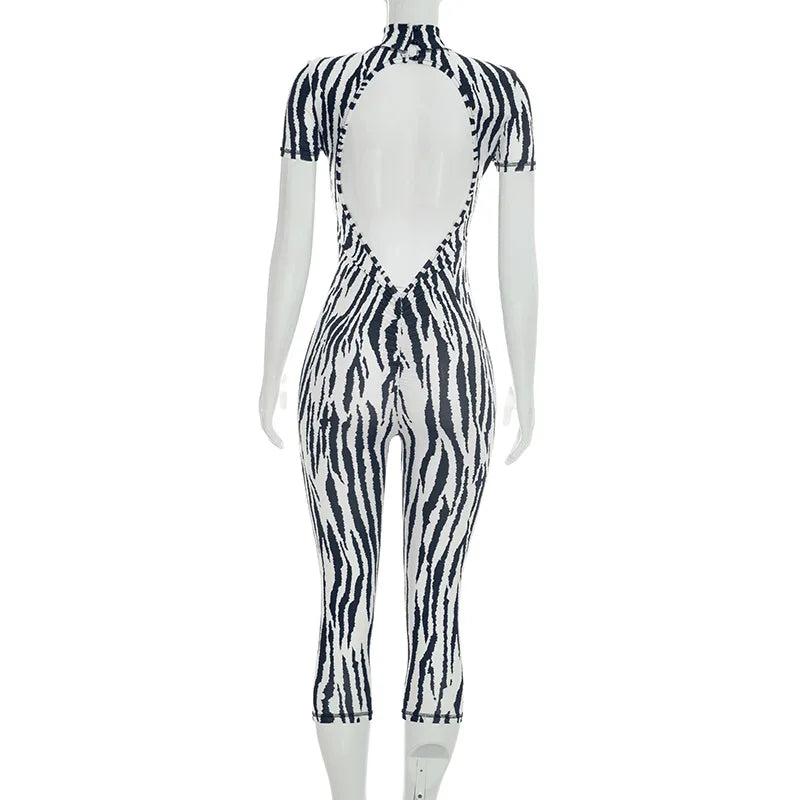HLJ&GG Autumn Stripe Print Backless One Piece Jumpsuits Women Round Neck Long Sleeveless Slim Playsuits Sexy Overalls Streetwear