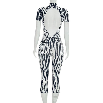 HLJ&GG Autumn Stripe Print Backless One Piece Jumpsuits Women Round Neck Long Sleeveless Slim Playsuits Sexy Overalls Streetwear