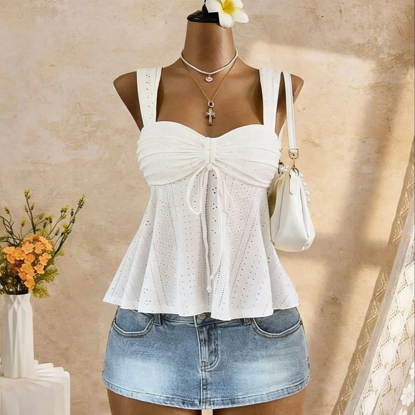 Women White Eyelet Lace Cami Top Casual Ruched Tie Front Peplum Sleeveless Camisole