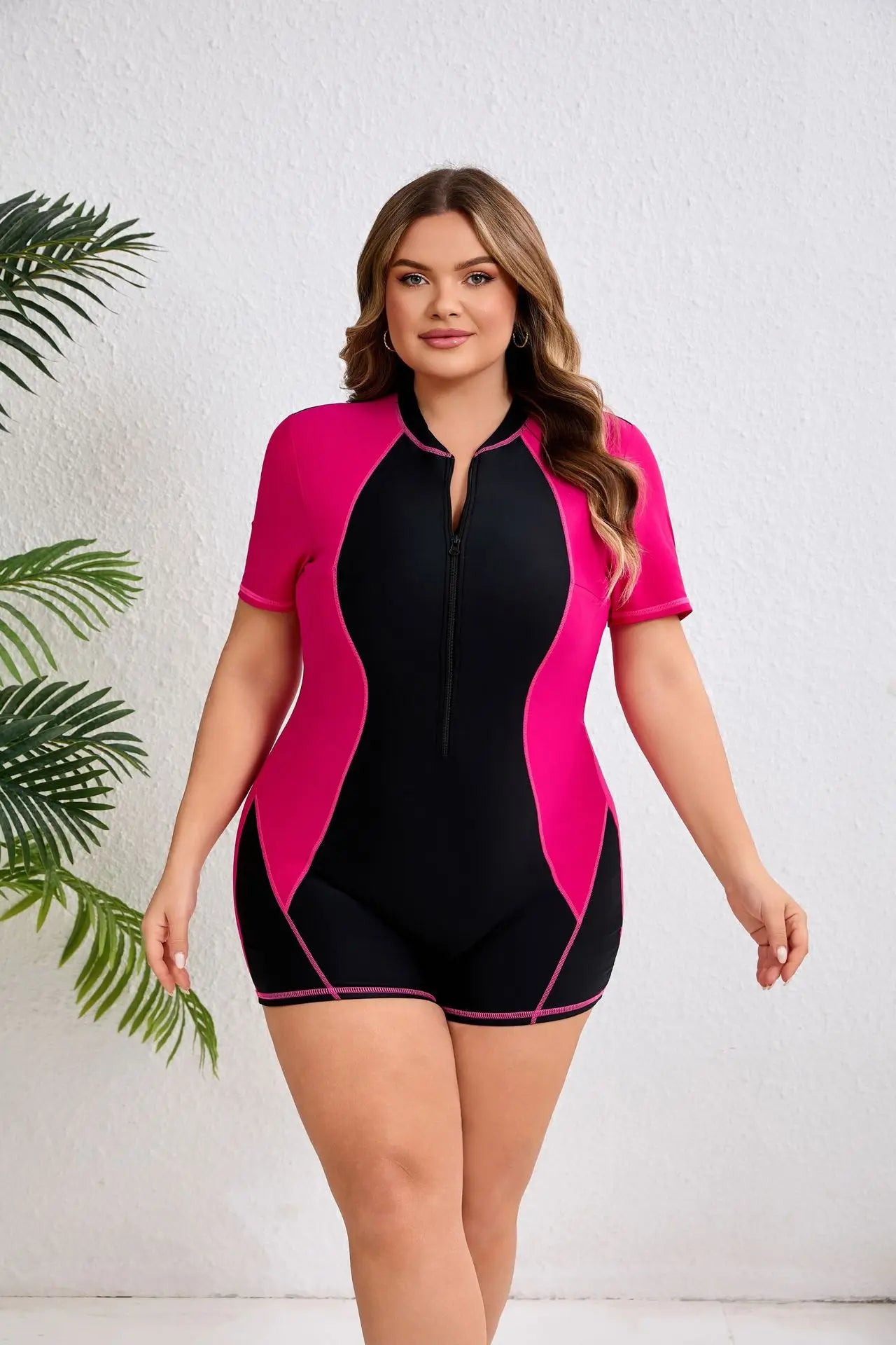 2026 Women Short Sleeve Plus Size Swimwear Print Patchwork Large One Piece Swimsuit Lady Zipper Chubby Beach Curvy Bathing Suit