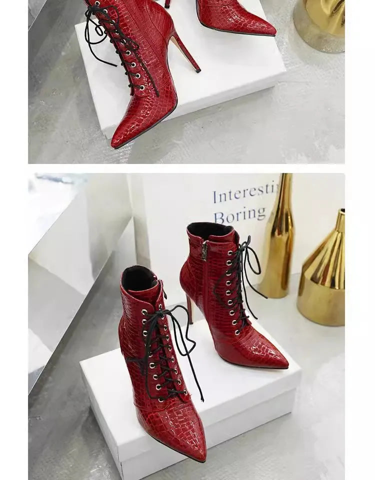 12CM Stiletto Heels Botas Mujer Fashion Pointed Lace-up Ankle Boots Roman Ladies Shoes Autumn Winter Women Emboss Short Booties
