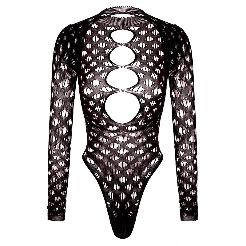 Women Bodysuit Hollow Out Fishnet Beach Cover Up, Sheer Festival Swimwear for Summer Backless Long Sleeves See-through Bodysuit