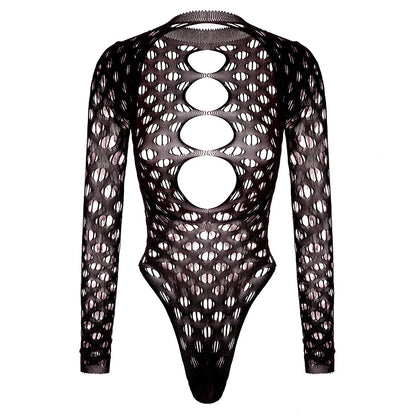 Women Bodysuit Hollow Out Fishnet Beach Cover Up, Sheer Festival Swimwear for Summer Backless Long Sleeves See-through Bodysuit