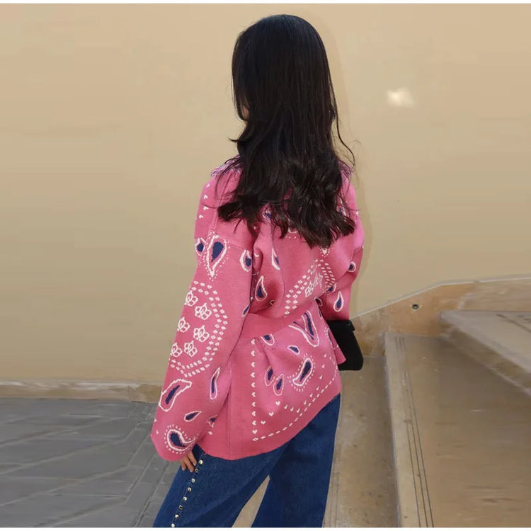 Gem Print Knit Tassel Cardigan Lapel Tie Loose Long Sleeve 2026 Autumn Chic Women Boho Street Daily Fashion Ladies Knitwear