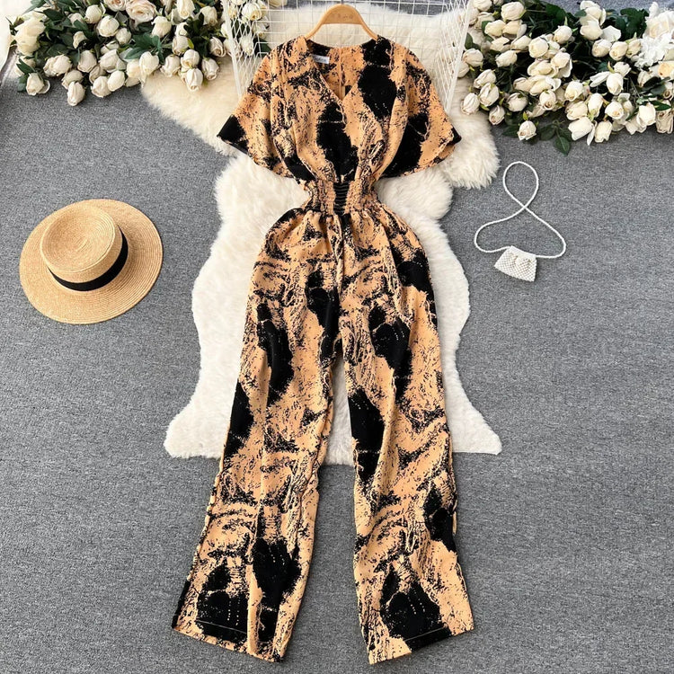 2026 New Summer Beach Summer Floral Jumpsuits Fashion V Neck Elastic Slim Short Sleeve Streetwear Vacation Retro Long Rompers