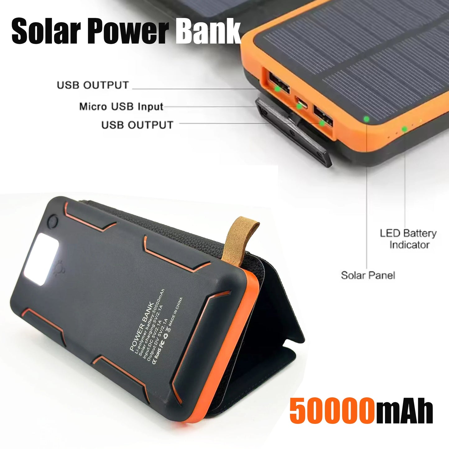 50000mAH Solar Power Bank Folding Solar Panels 5V 2A USB Output Portable Outdoor Camping Sun Power For IPhone Android