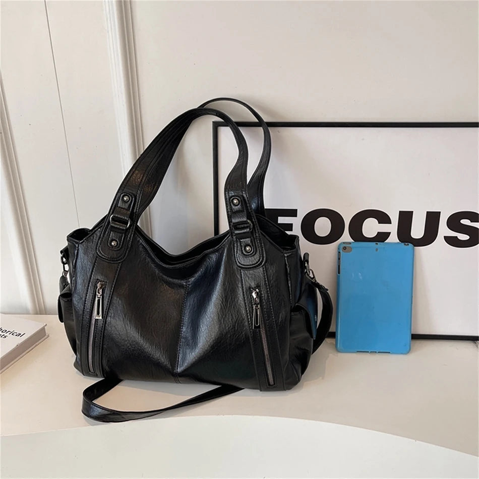 New Large Capacity Soft Leather Women's Handbag Fashion Trend Designer Women Shoulder Bag Simple Retro Female Travel Bags Sac