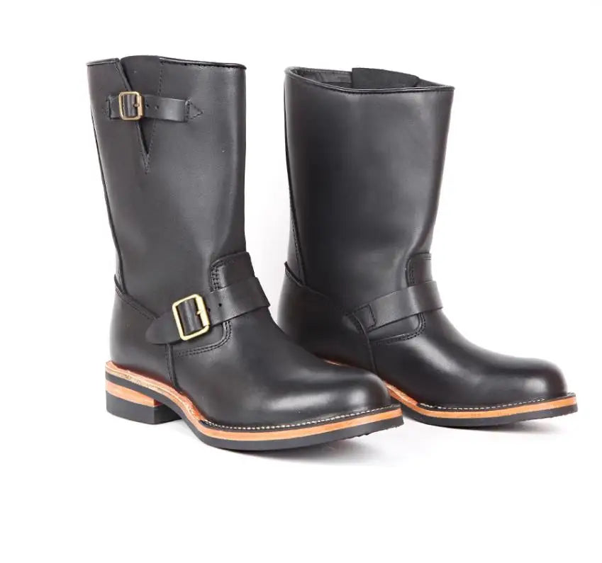 YR Best.Mens Vintage Style Engineer Boots.Quality Motor Rider Handmade Real Cowhide Shoes.Classic Genuine Leather Boots,Cool