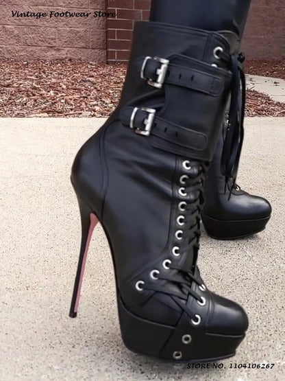 Black Platform Stiletto Ankle Boots Round Toe Thin Heels Cross-tied Plus Size Shoes Women's Spring Autumn Fashion Zipper Booties