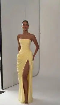 Solid Pleated Strapless Women's Dress Backless Off-shoulder High Waist Split Female Dresses 2026 Sexy Summer Evening Party Gown