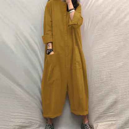 Solid Color Casual Loose Pocket Jumpsuit Women New Fall Simple Long Sleeve Shirt Female Vacation Rompers Fashionable Streetwear