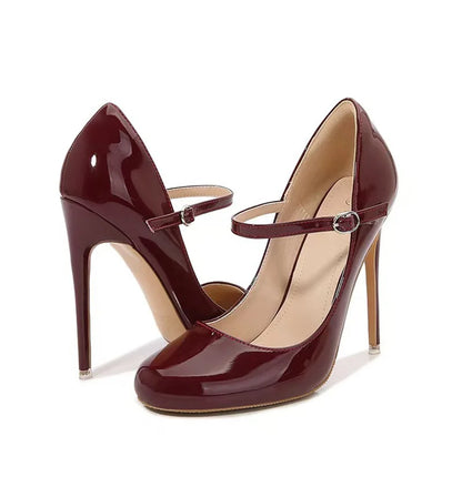 Liyke Big Size 44 45 46 Patent Leather Stiletto High Heels For Ladies Party Prom Shoe Fashion Round Toe Buckle Strap Women Pumps