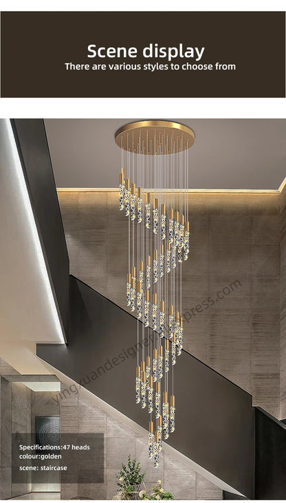 Crystal Staircase Pendant Lamp Modern Gold Lighting Fixture Ceiling Hang Pendant Light Luster Indoor Villa Loft Stair Chandelier