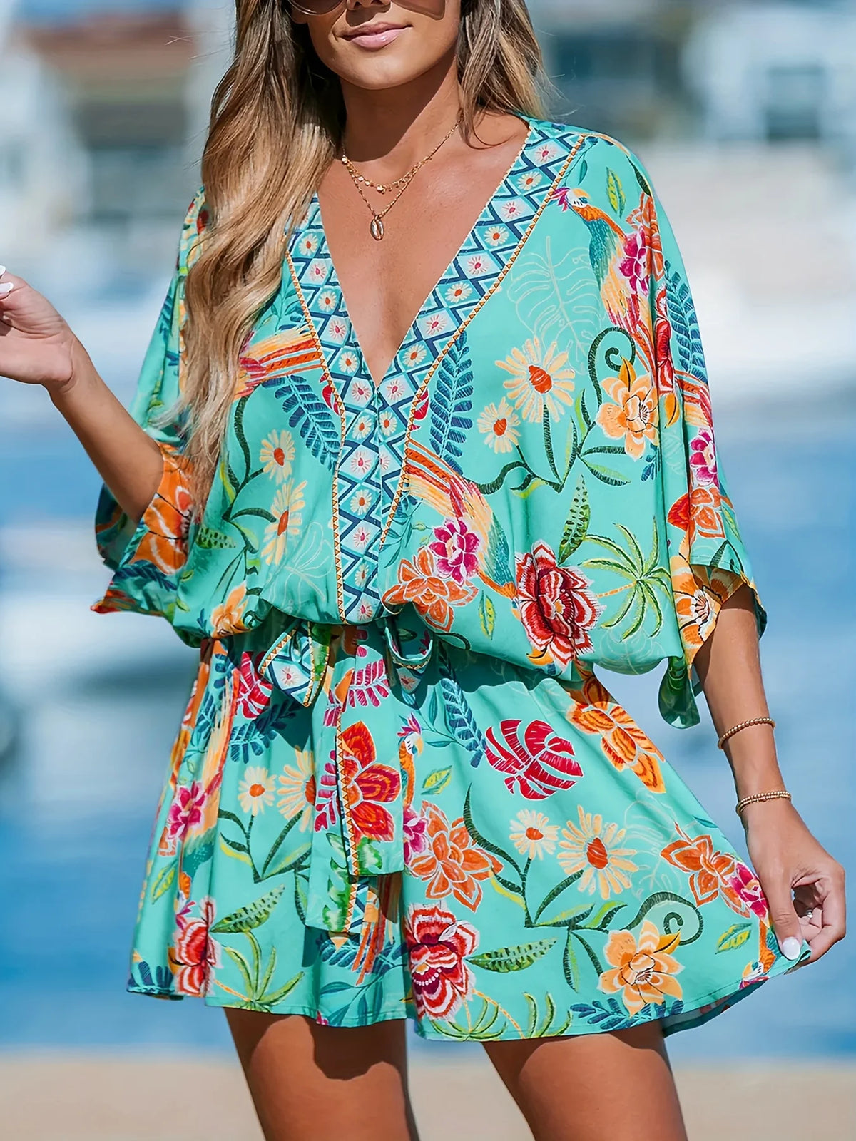 Plus Size Women's Casual Tropical Print Short Jumpsuit Batwing Sleeve V-Neck Loose Fit Beach Outing Summer Romper