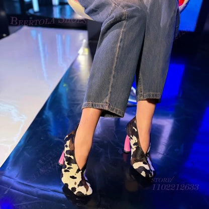 Round Pink Circle Pumps Cow Print Genuine Calf Hair Mule Strange Shape Heel Pointed Toe Slip On Footwear Streetwear Party Shoes
