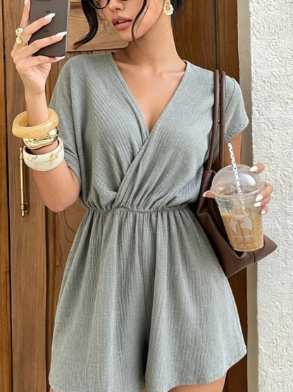 New Chic Women Summer  New Loose Playsuits Cross V Neck Fashion Short Sleeve Jumpsuits Elegant Office Simple Rompers