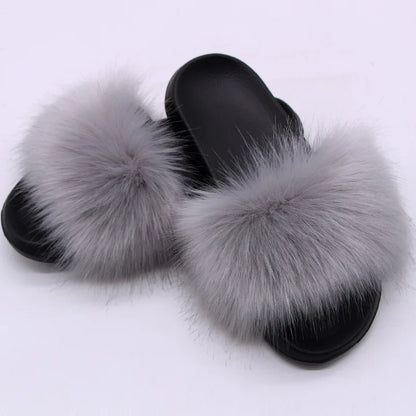 Women's  Faux Fox Fur Slides Fluffy Open Toe Slippers Indoor Outdoor Casual Flat Sandals Luxury Furry Slide Shoes for Ladies